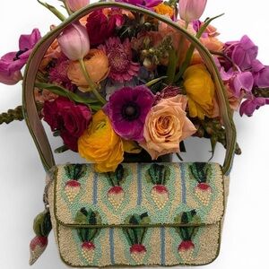 NWT Beaded Radish Embroidered Bag Striped Green Pink